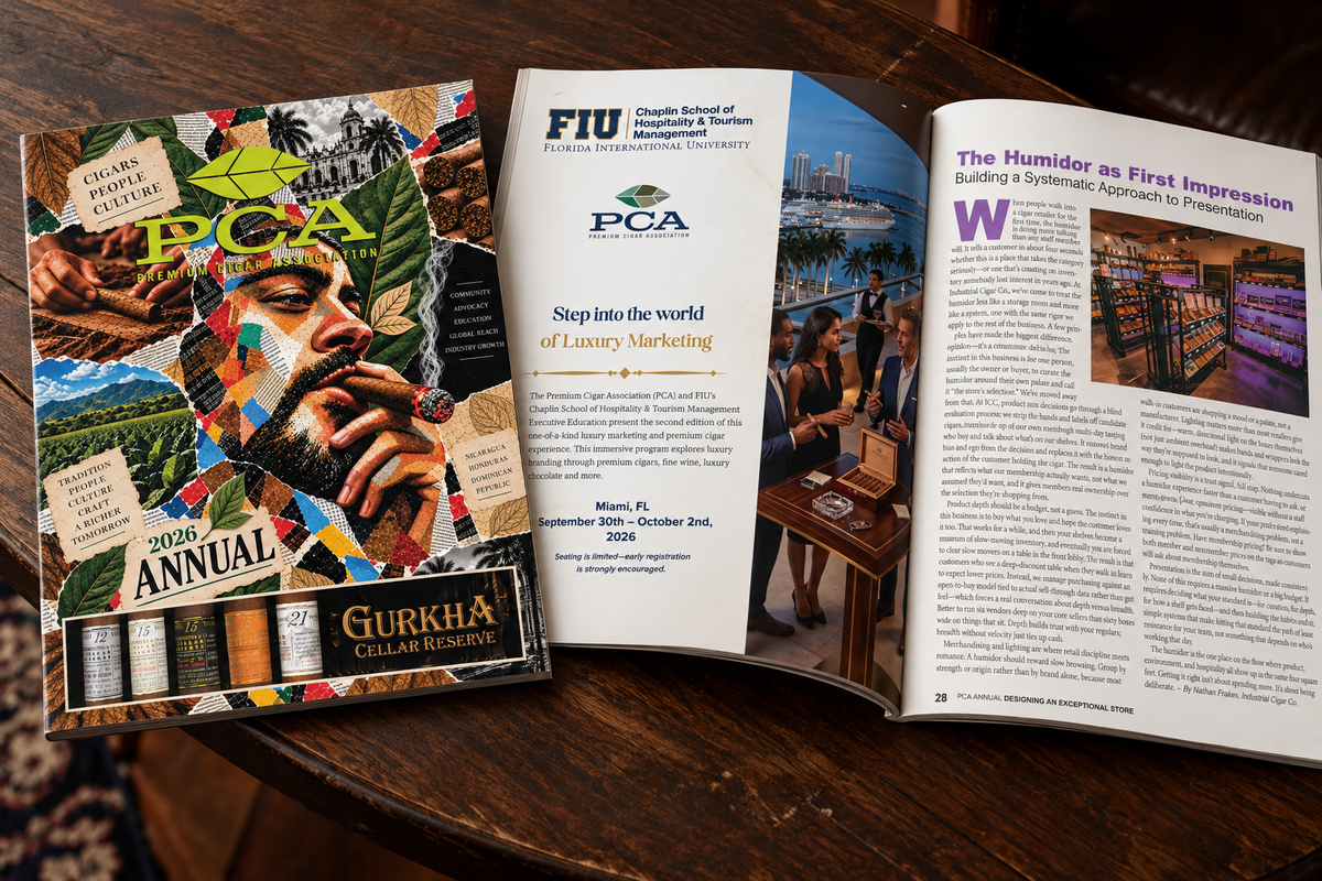 2026 PCA Annual magazine and open pages featuring FIU and Nathan Frakes's article on humidor presentation